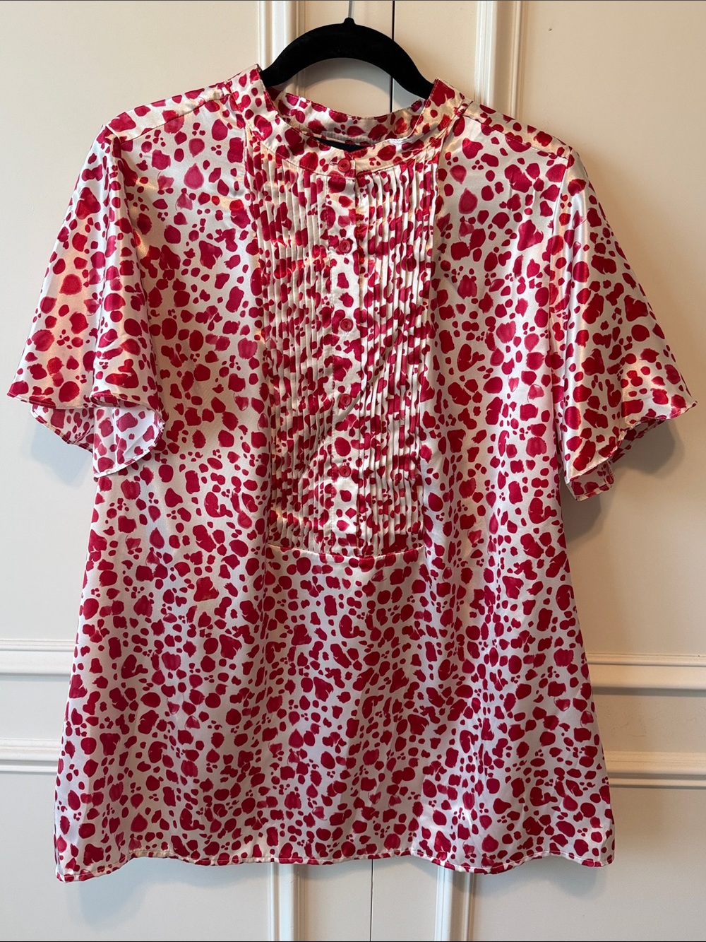 Susan Graver White Blouse with Red Spot Print and Pintuck Front